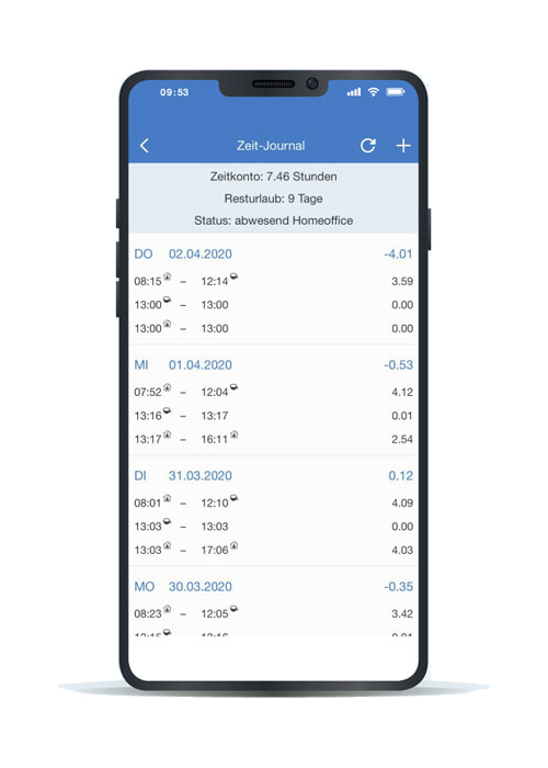 Zeitjournal in der Zeiterfassungs-App von Intrakey