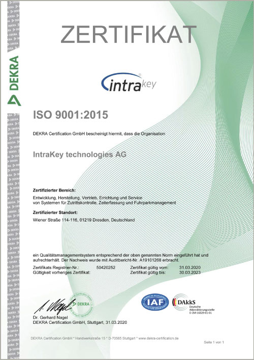 Zertifizierung ISO 9001 IntraKey