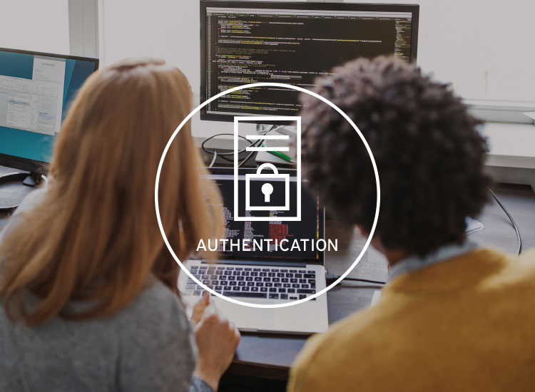 Zwei Mitarbeiter authentifizieren sich am Netzwerk 