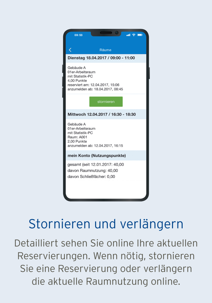 Stornieren und Verlängern der Raumbuchung in der Smartphone App von IntraKey