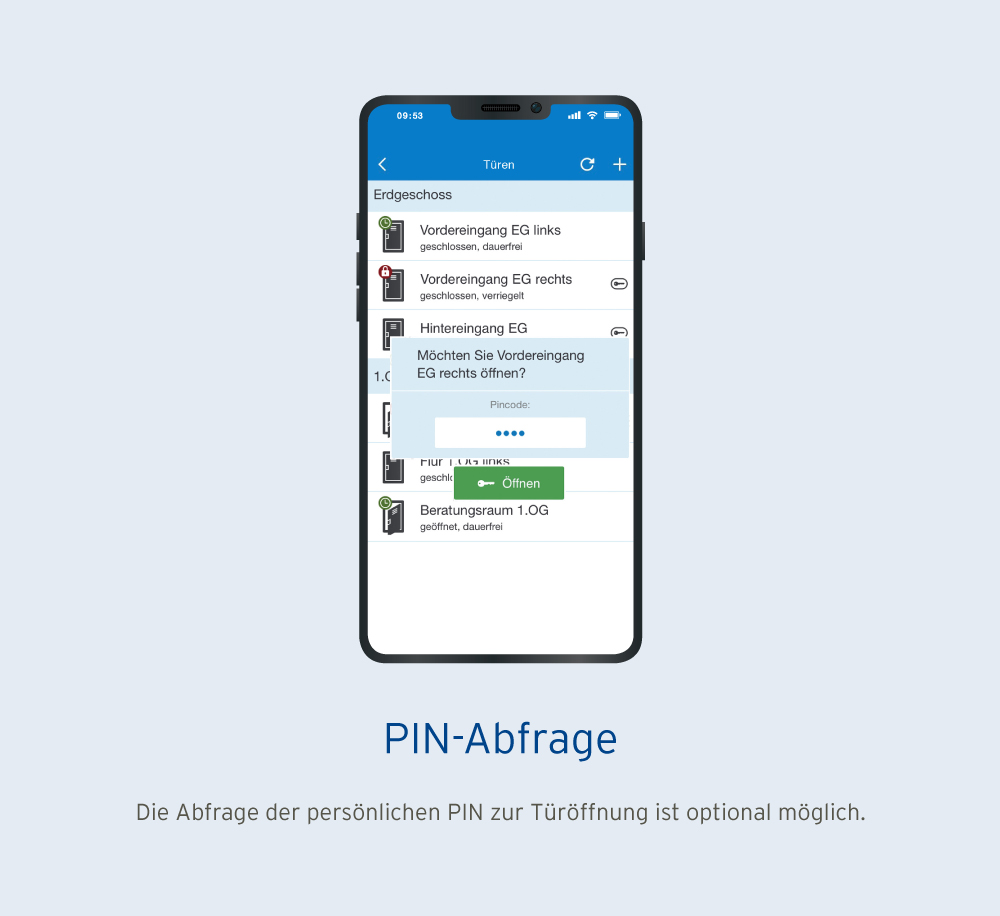 PIN-Abfrage zur Türöffnung in der Smartphone App der Zutrittskontrolle von IntraKey