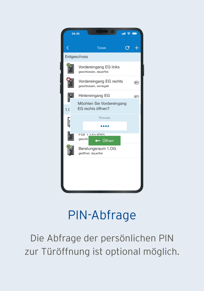 PIN-Abfrage zur Türöffnung in der Smartphone App der Zutrittskontrolle von IntraKey