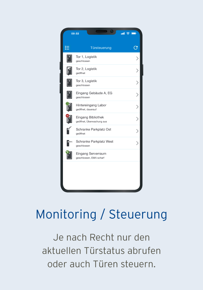 Monitoring und Steuerung von Türen in der Smartphone App der Zutrittskontrolle von IntraKey